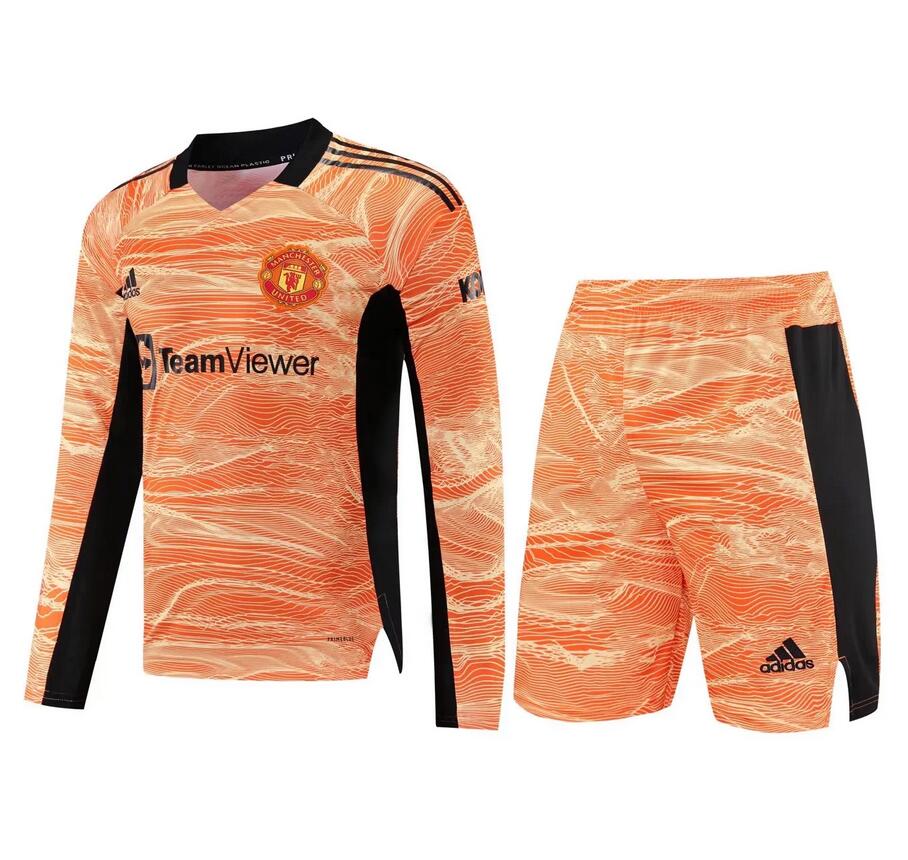 2021/22 Manchester United Orange Long Sleeve Goalkeeper Soccer Kits Shirt with Shorts